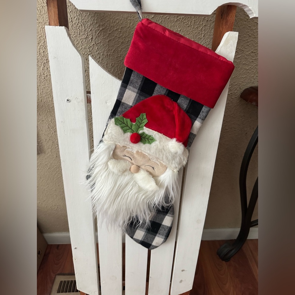 Buffalo Plaid Santa Claus Christmas Stocking with Plush Beard